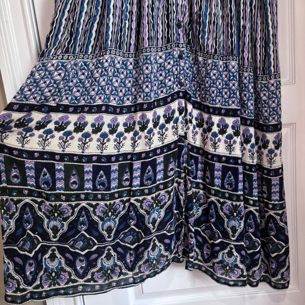 MPH Women 2X Blue Purple Boho Rayon Button Front Maxi Dress Mixed Print Tie Back - Picture 5 of 10
